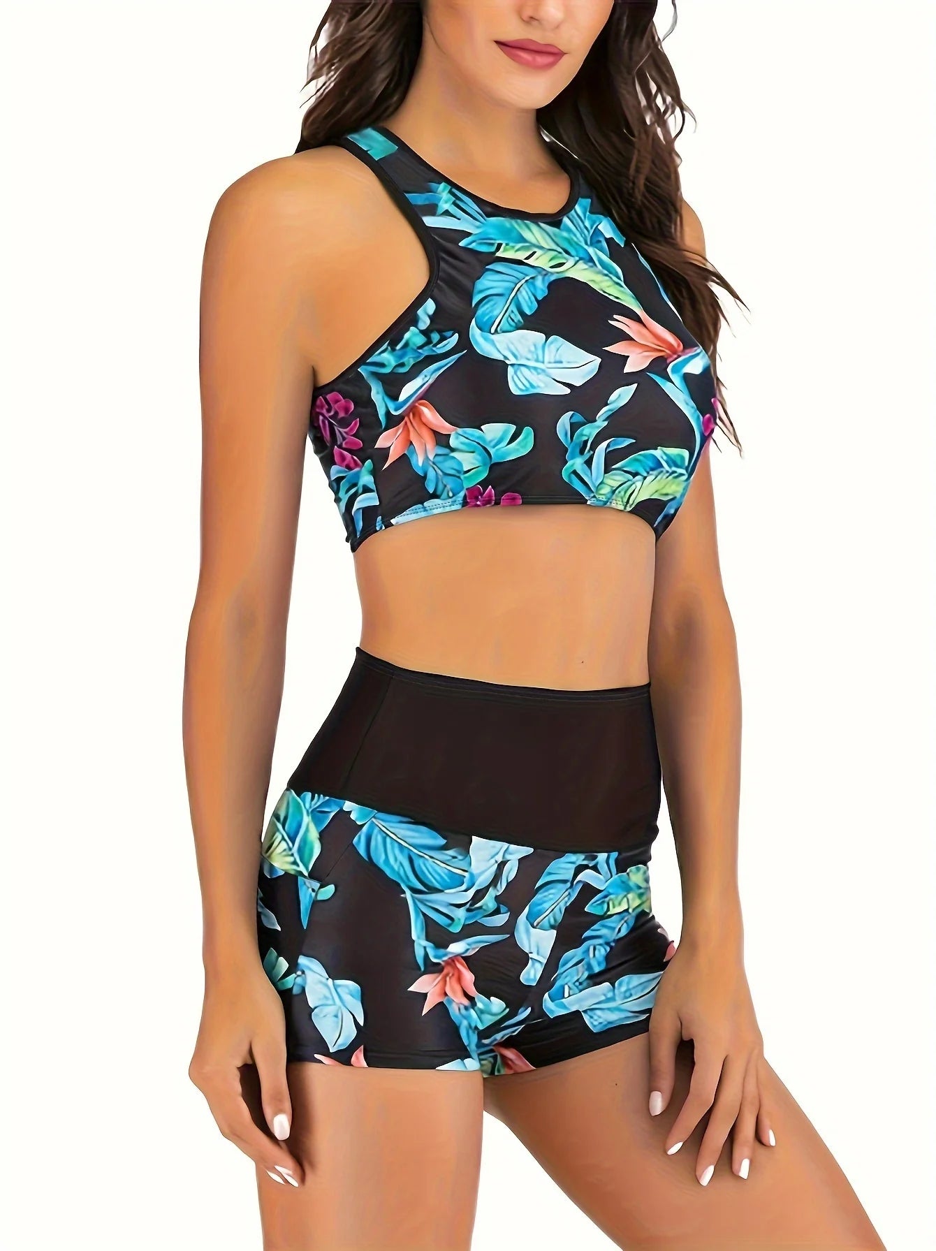 Women Fashion Floral Print round Neck Bikini Set