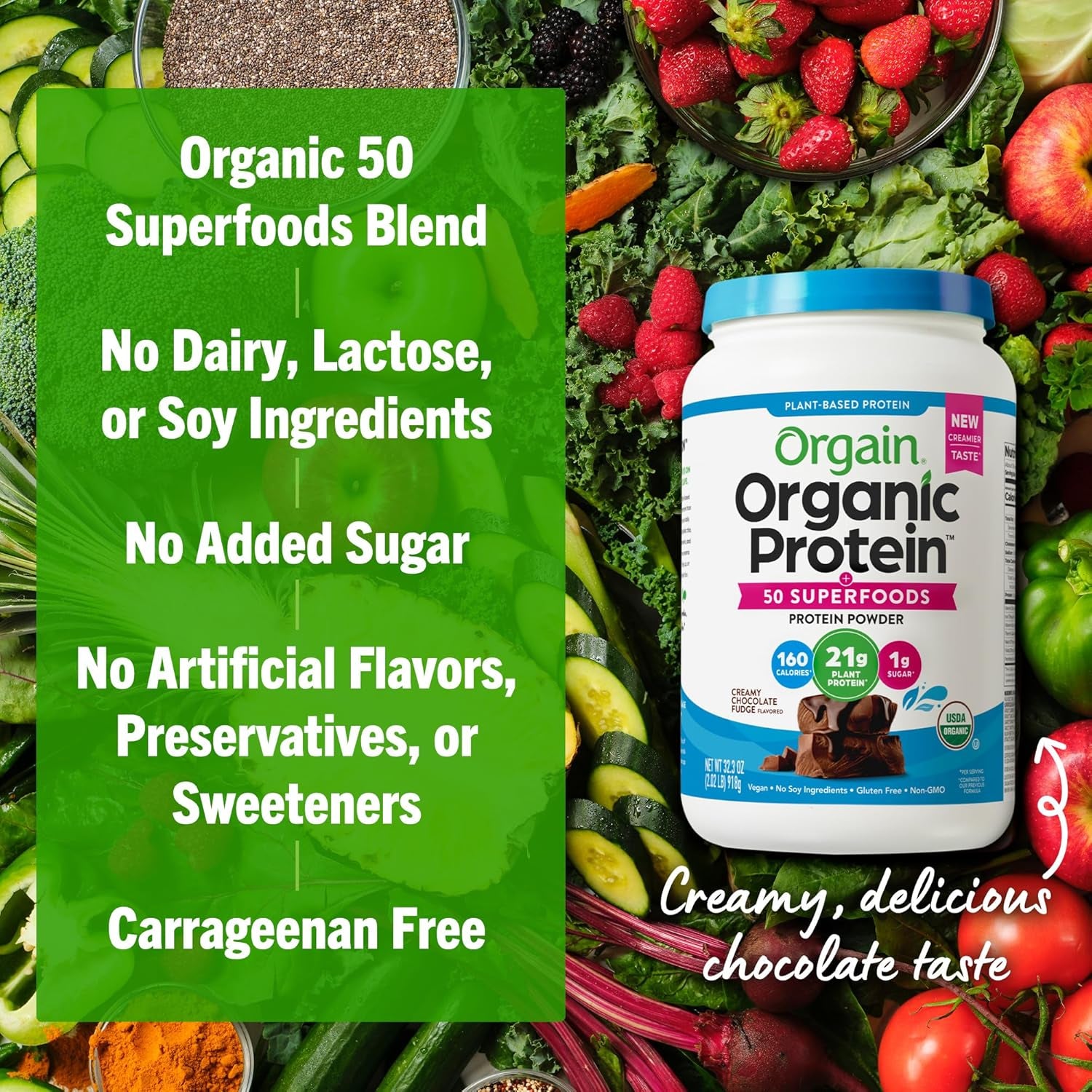 Organic Vegan Protein Powder + 50 Superfoods, Creamy Chocolate Fudge - 21G Plant Based Protein, Gluten Free, Dairy Free, Lactose Free, Soy Free, No Sugar Added, Kosher, B Vitamins - 2.02Lb