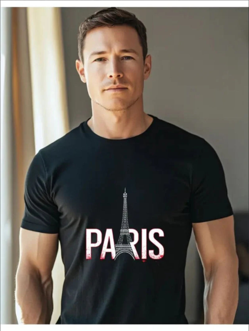 Simple English Iron Tower Men Short-Sleeved Shirt
