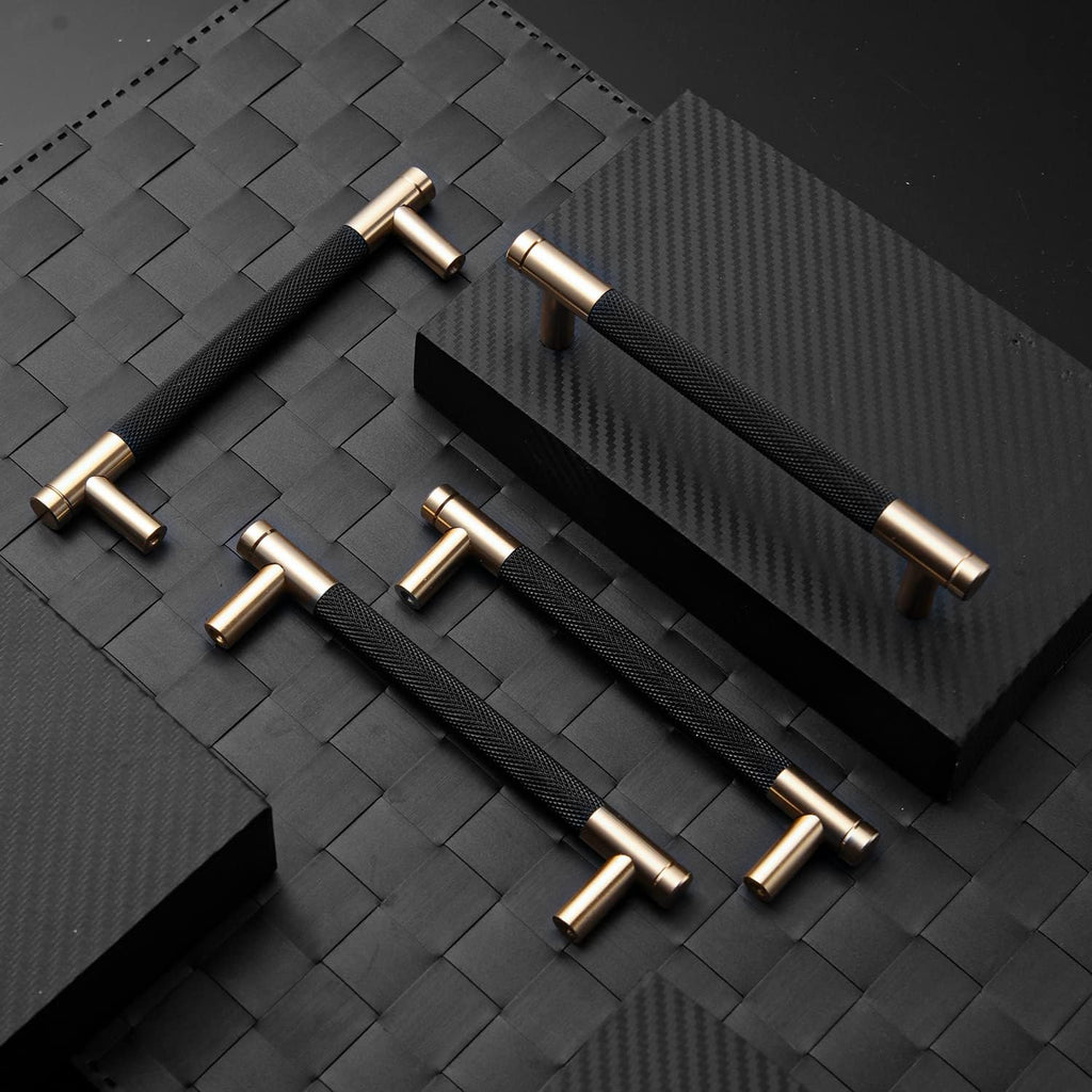 12 Pack 5 Inch 128 Mm Knurled Cabinet Handles Cabinet Pulls Aluminum Handles Knurled Drawer Pulls Gold and Black Oxidation Finish with Diamond Pattern 6.2" Length (5" Hole Center)