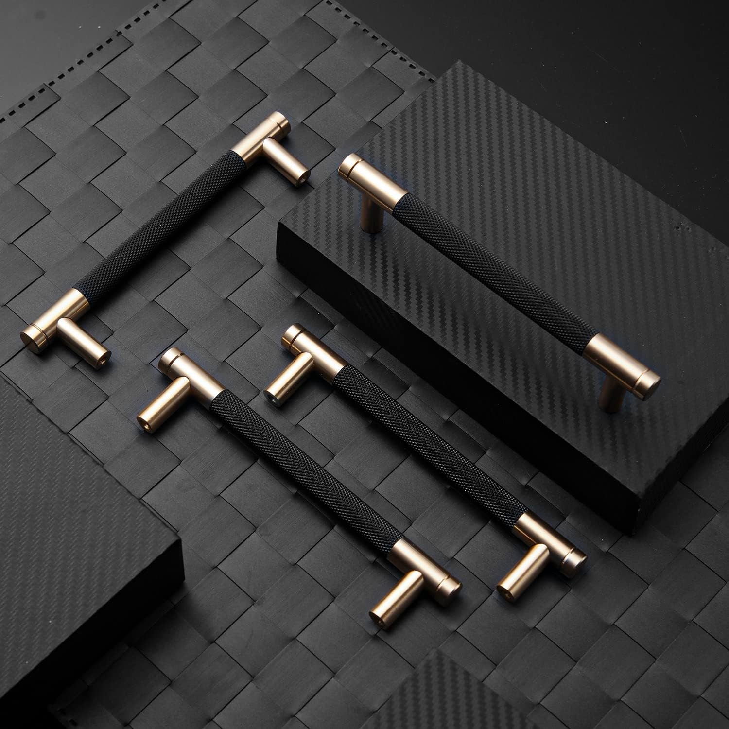 12 Pack 5 Inch 128 Mm Knurled Cabinet Handles Cabinet Pulls Aluminum Handles Knurled Drawer Pulls Gold and Black Oxidation Finish with Diamond Pattern 6.2" Length (5" Hole Center)