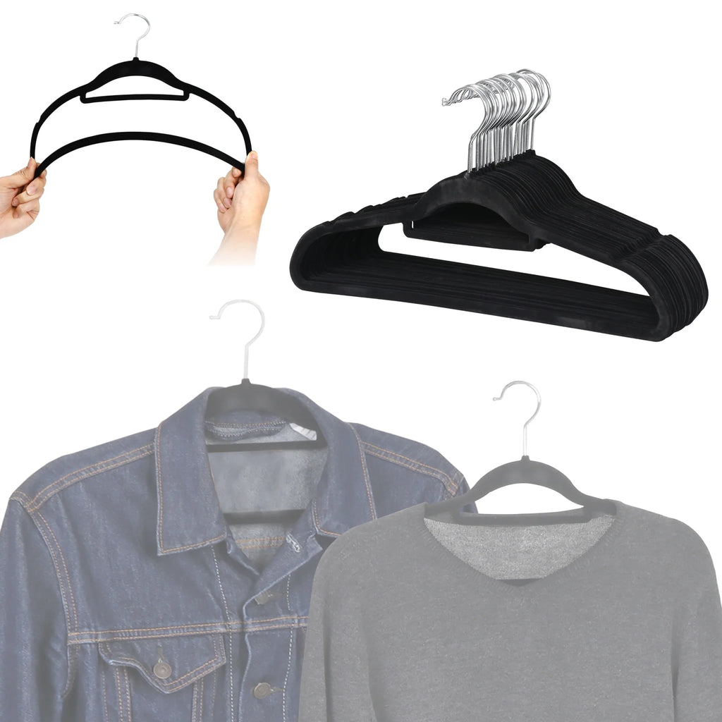 Velvet Flocked Hangers 100 Pack Non Slip Black Clothes Suit Hangers Hook Swivel 360 Ultra Thin(100Pcs, Black, Velvet)
